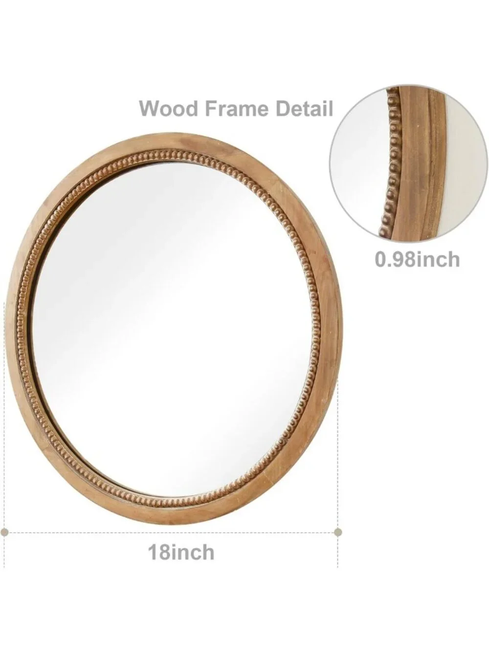 18” Round Wood Mirror - Farmhouse Style Circle Wall Decor for Boho Bathroom